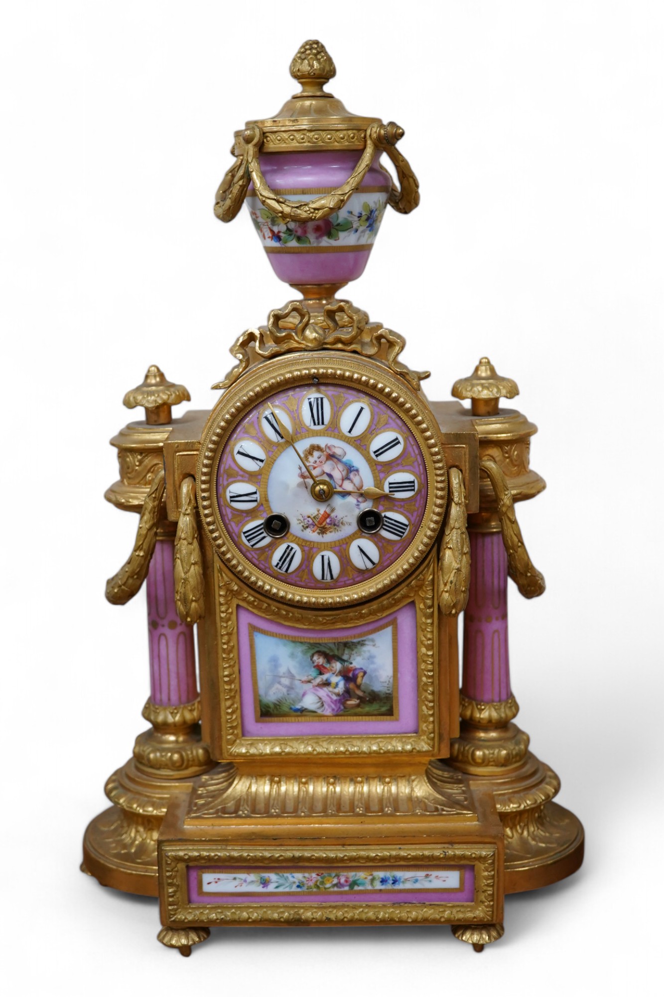 A late 19th century French enamel and gilt metal mantel clock, no key or pendulum, 38cm. Condition - appears good, not tested for time keeping